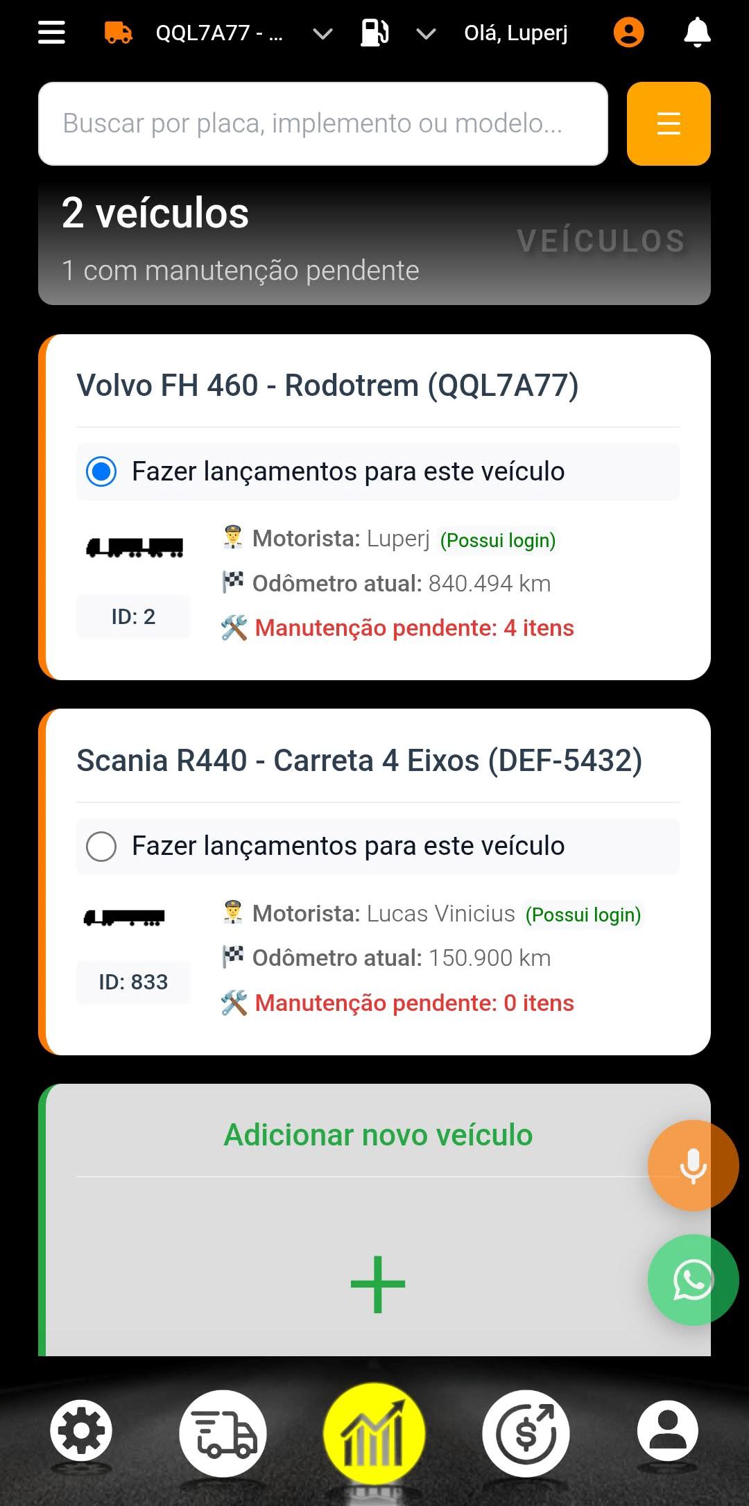 Cadastro e gestão dos veículos e motoristas