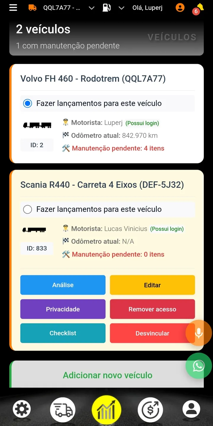 Cadastro e gestão dos veículos e motoristas
